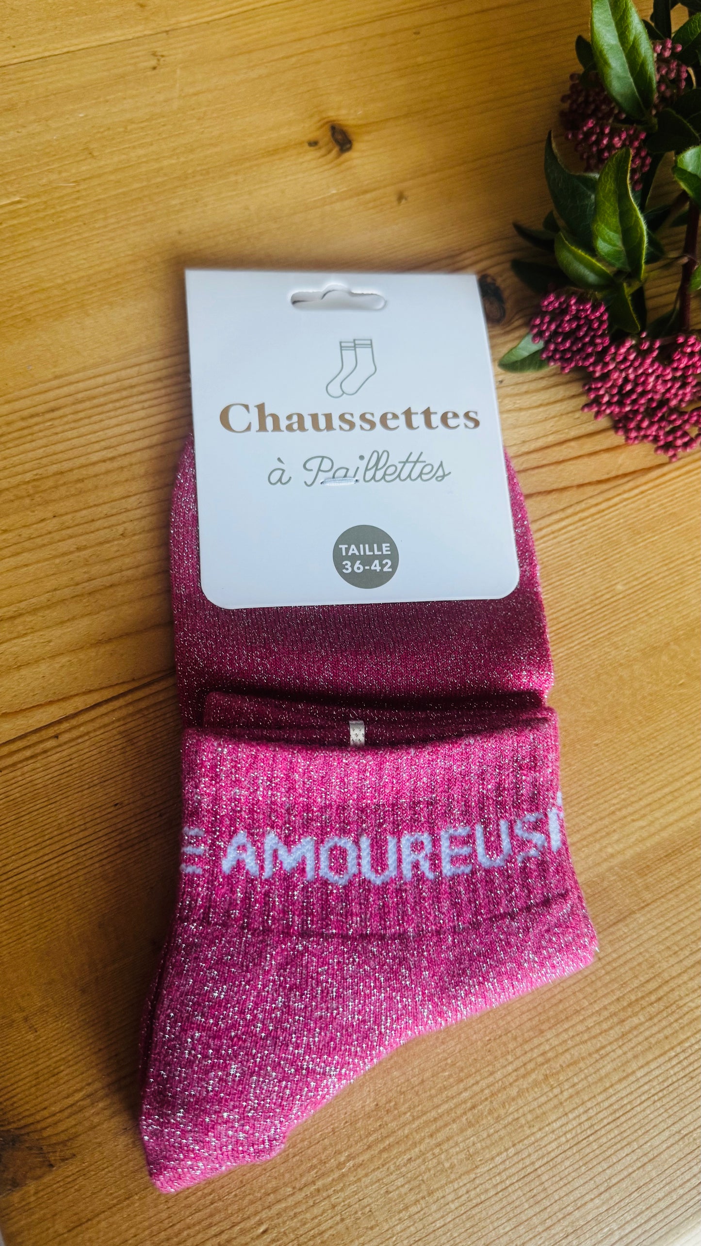 Chaussettes Rose à Paillettes Argentées "Amoureuse"