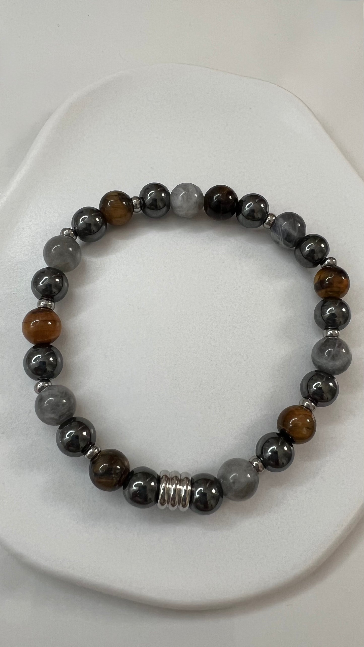 Bracelet pierre Labradorite, oeil de tigre et hématite - Boules 8 mm