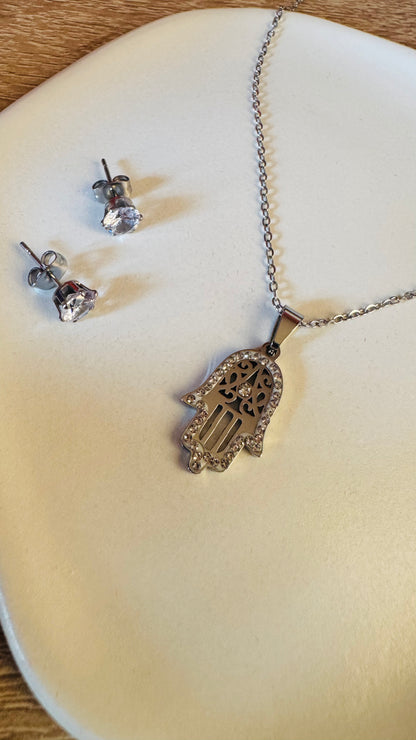 Parure Collier & Boucles d'oreilles Main de Lumière - Argenté
