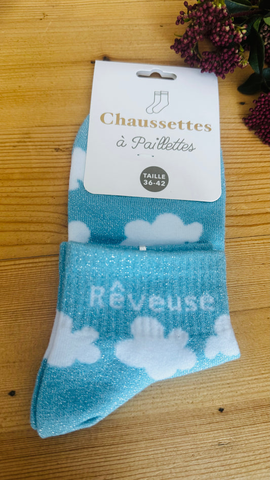 Chaussettes Bleu à Paillettes Argentées "Rêveuse"