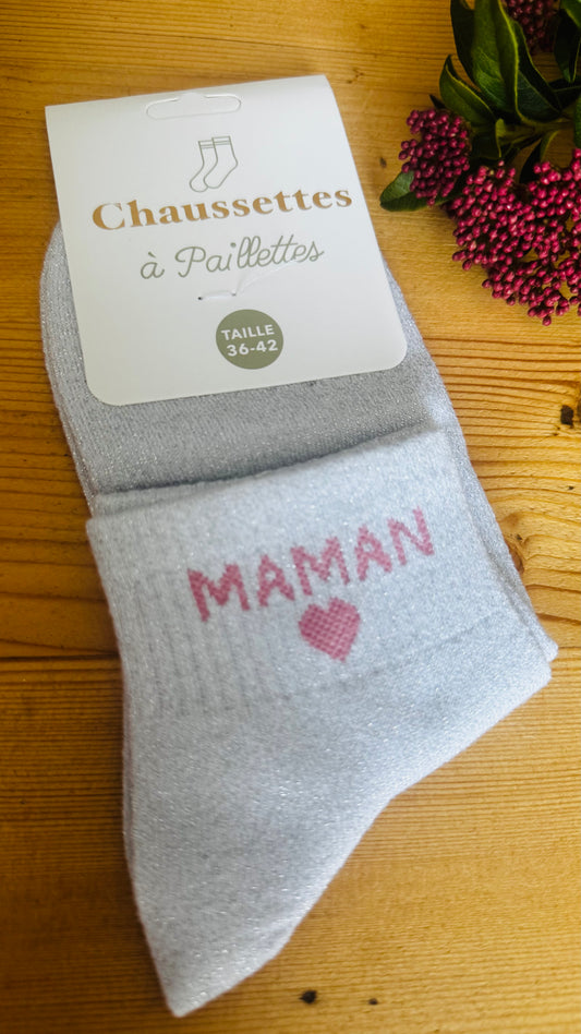 Chaussettes Grise à Paillettes Argentées "Maman"
