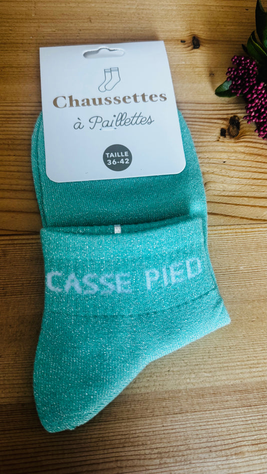 Chaussettes Vert à Paillettes Argentées "Casse Pied"