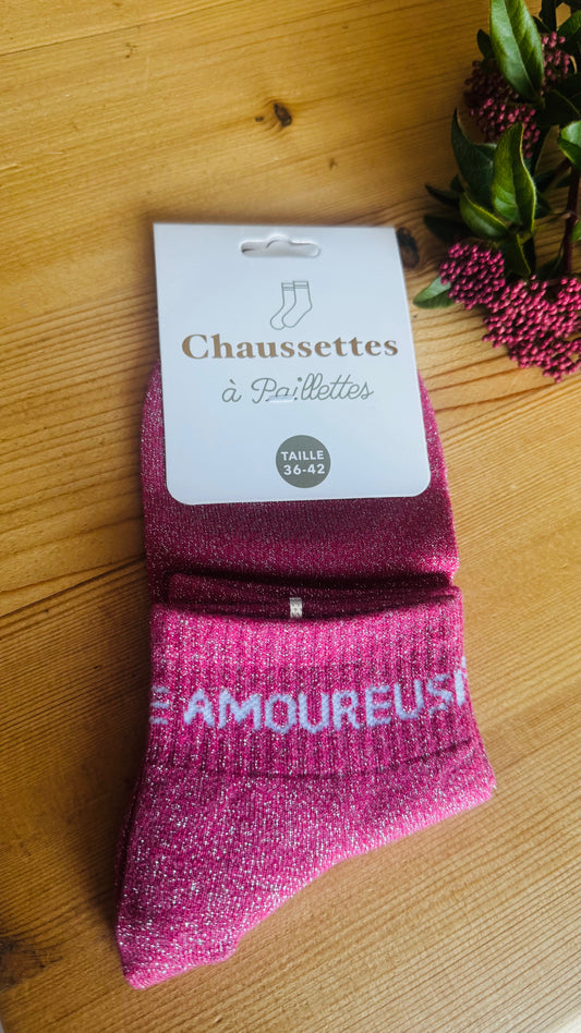 Chaussettes Rose à Paillettes Argentées "Amoureuse"