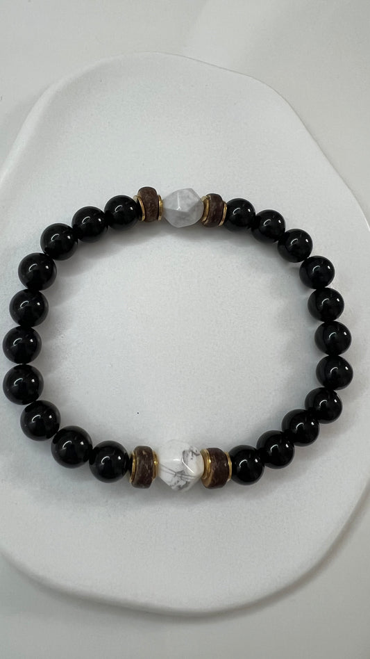 Bracelet pierre Onyx, bois, howlite blanche - Boules 8 mm