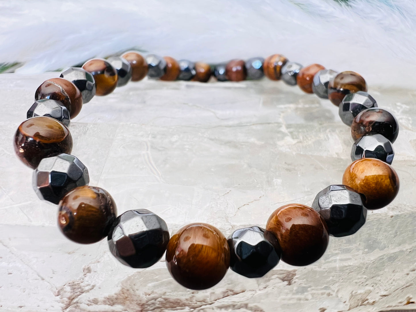 Bracelet pierre Oeil de Tigre, Hématite - Boules 6 mm