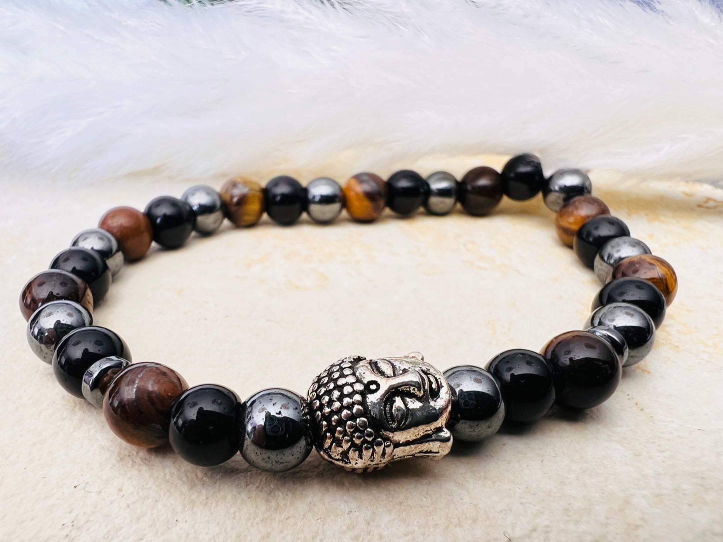 Bracelet pierre Oeil de Tigre, Hématite, Onyx - Boules 6 mm