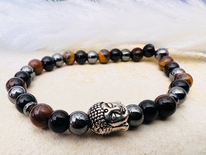 Bracelet pierre Oeil de Tigre, Hématite, Onyx - Boules 6 mm